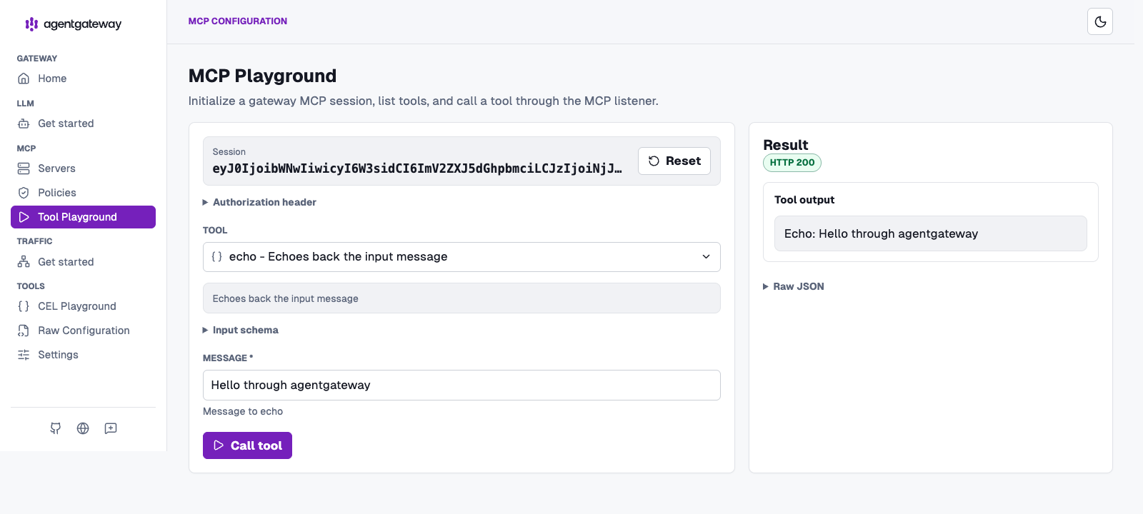 Agentgateway MCP Tool Playground showing only the echo tool and a successful HTTP 200 response after policy filtering